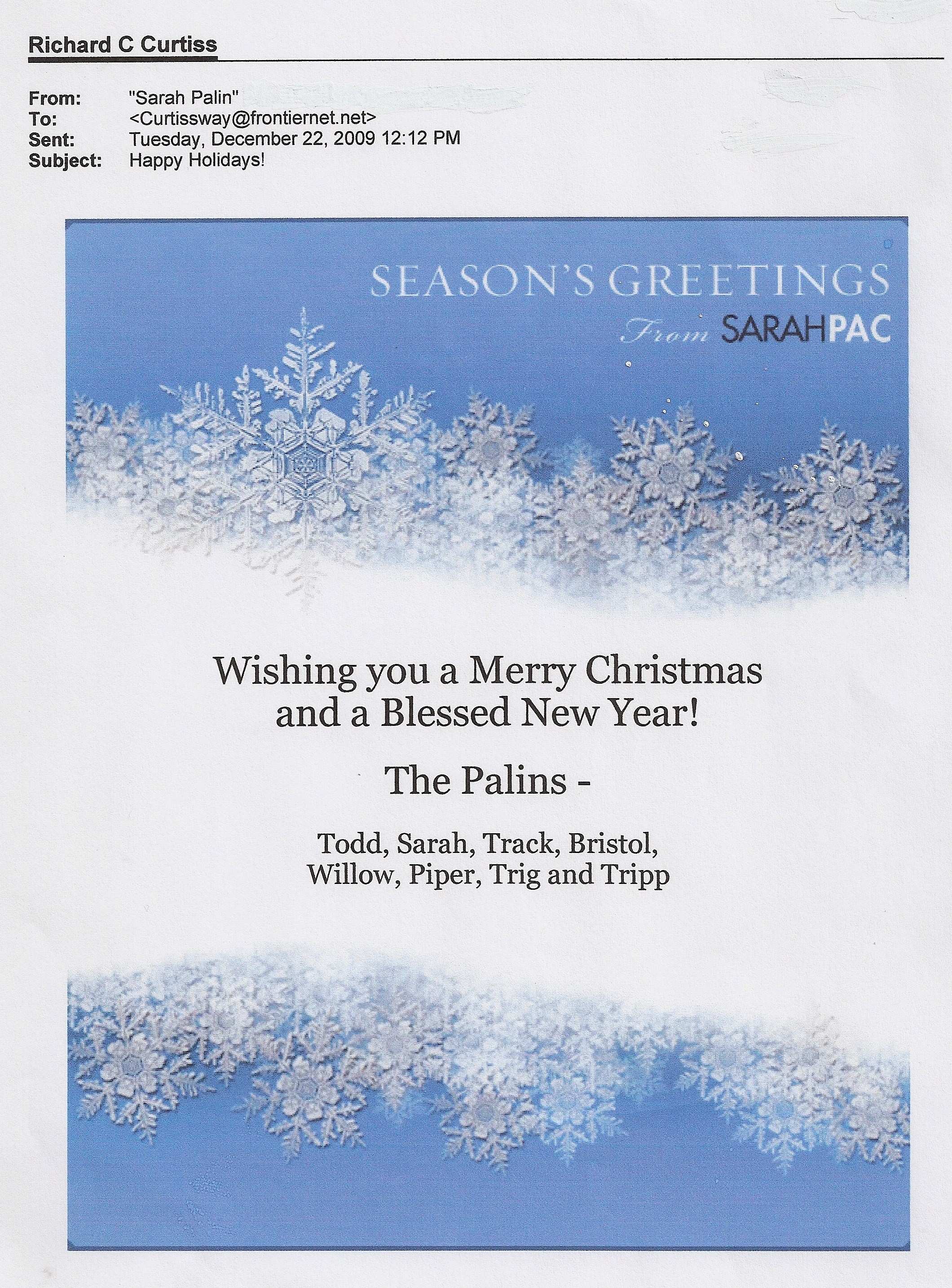 christmas card from Sarah Palin